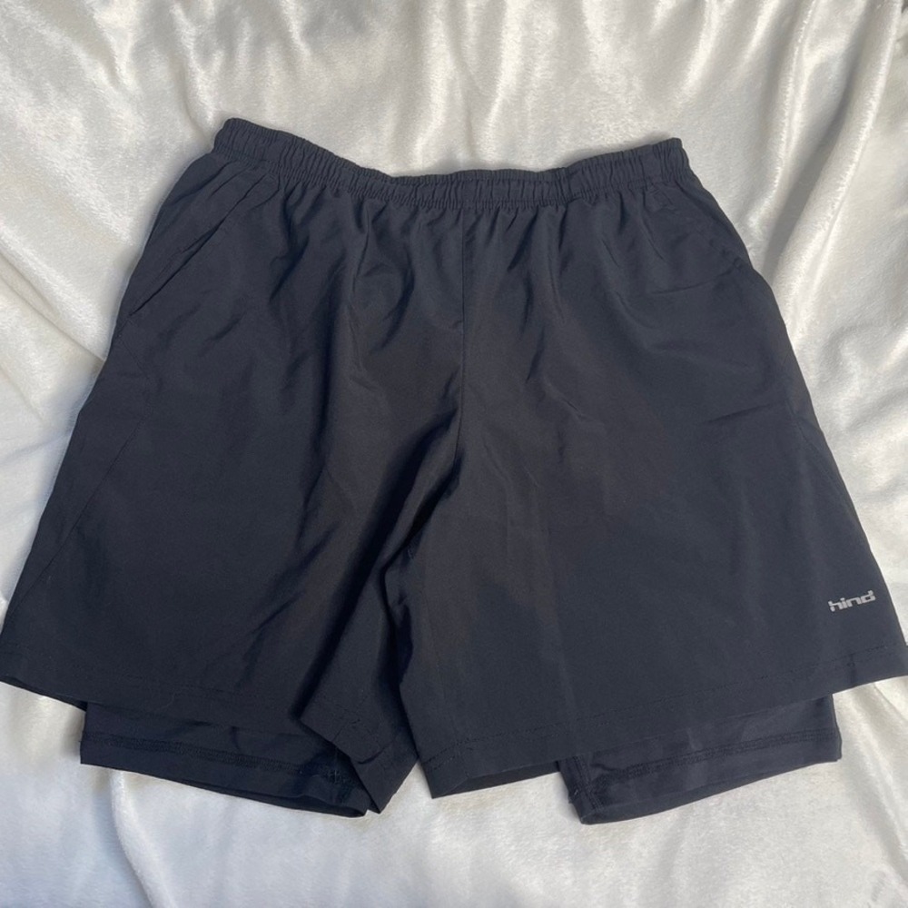 Hind Mens Black Double Layer Running Shorts with Compression Liner Zipper Pocket